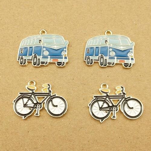 10pcs bus and bicycle enamel charm for jewelry making cute earring pendant bracelet necklace charms