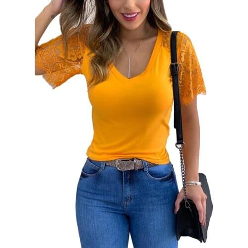 2021 Hot Women T-shirt Sexy Summer T Shirt for Women V Neck Lace Patchwork Short Sleeve Slim T-shirt Top Oversize Tshirts