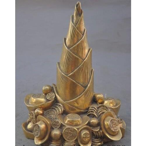 +++7"china brass copper fengshui wealth money coin yuanbao Bamboo lucky rich statue