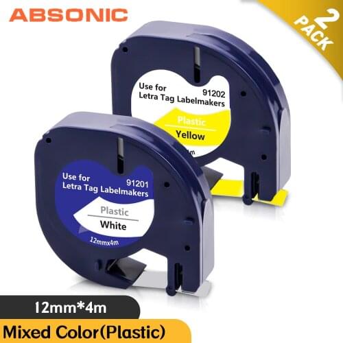 Absonic 2PK Mixed Color 12mm Label Tape Plastic 91201 91202 Black on White Yellow 91331 91221 for Letratag LT-100H Label Maker