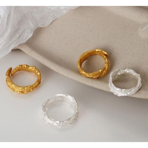 Amaiyllis S925 Sterling Silver Simple Irregular Burnt Texture Index Finger Ring Adjustable Opening Texture Tail Ring Jewelry