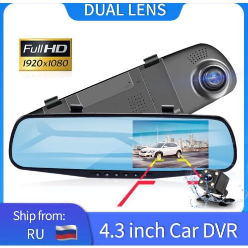 4.3 Inch IPS Display Car Camera Full HD 1080P Dash Cam Rear View Mirror Dual Lens Video Recorder Registrator Camcorder