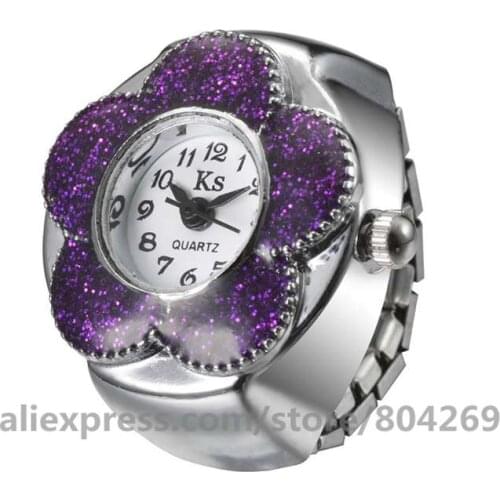 Womens Fashion Flower Shape Ring Watch Round Quartz Watch Ring For Women Watches Round Women Jewelry Rhinestone Watch