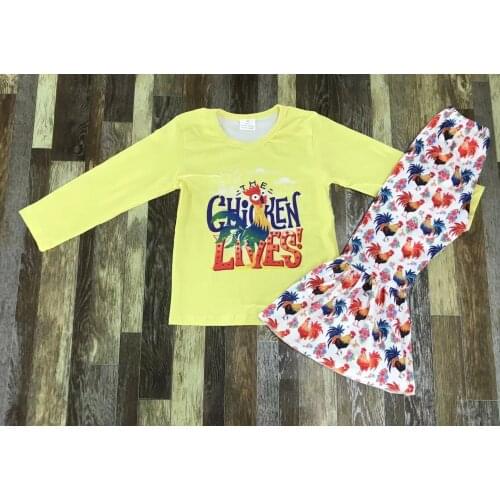 Farm chicken print long sleeve baby girl flared pant clothing set