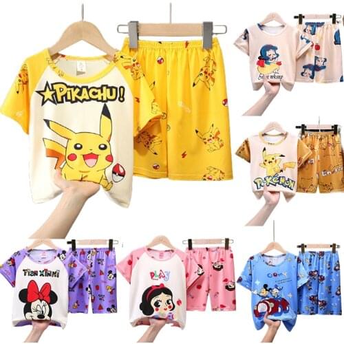 Pokemon Pikachu Childrens Pajamas Set Summer Childrens Short-sleeved Pajamas Cartoon Boys and Girls Cartoon Home Service Suits