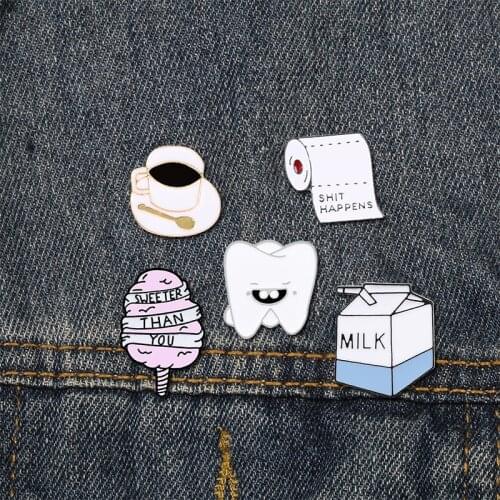 Daily Supplies Enamel Pins Cute Tooth Coffee Cup Milk Toilet Paper Food Brooch Lapel Pin Badge Gifts Men Women Denim Jewelry