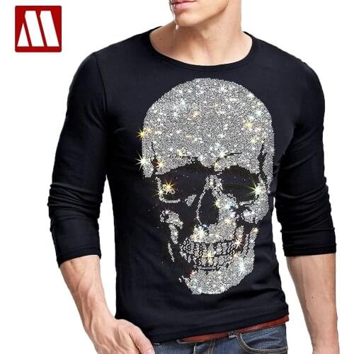 Plus Size Skull Rhinestones T Shirts Men Summer Top Tees O Neck Slim Fit Tshirts High Quality Male Motorcycle Punk Rock T-shirt