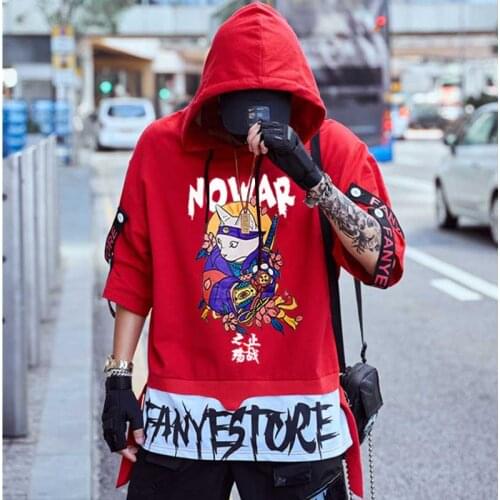 NOWAR Ribbon T Shirts men Oversize Ukiyo Cat Hooded top tee Short Sleeve Streetwear tshirts wholesale hip hop Casual man clothes