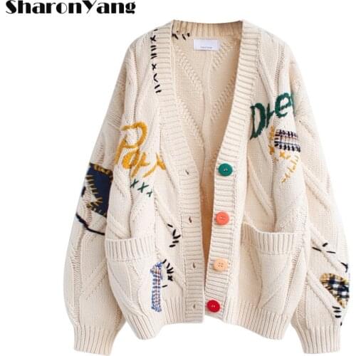 Autumn Winter Women Cardigan Knitted Sweater Jacket Pocket Embroidery Fashion Knit Cardigans Coat Lady Loose Sweaters Outerwear