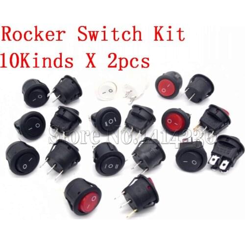 20Pcs 23mm Round Rocker Switch Kit 2pin 3pin 4pin 10A/125V 6A/250V AC 2/3 Position SPDT DPDT ON-OFF-ON/ ON-OFF 10kinds X 2pcs