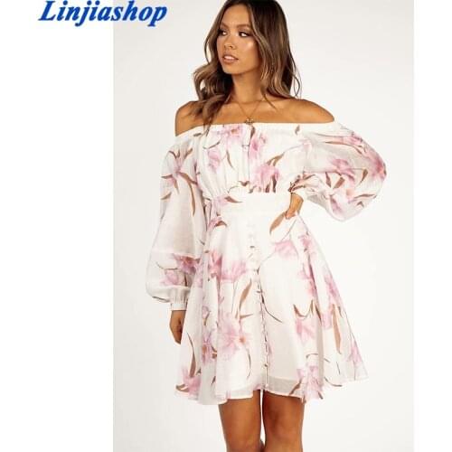 Slash Neck Summer Dress Long Sleeve Slim Waist Off Sholder Tea Mini Dress Women French Back Zipper Niche Style Button Party