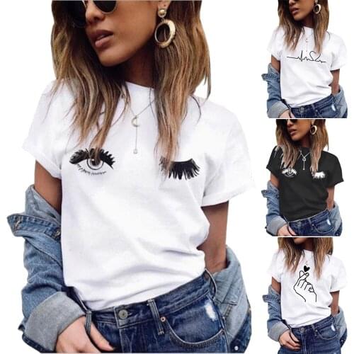 2021 summer printing jacket electrocardiogram (ecg) womens eyes than round collar short sleeve T-shirt female heart design