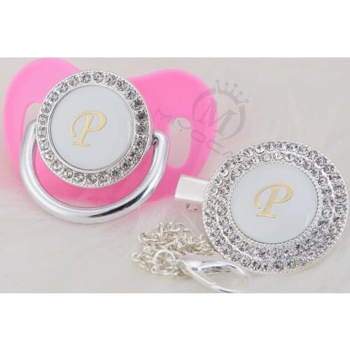 MIYOCAR silver bling name Initial letter P elegant silver bling pacifier and pacifier clip BPA free dummy bling ideal gift LP-1