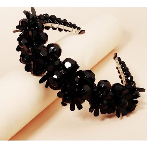 Fashion Bride Wedding Dress Headband Black Crystal Sequin Bracelet Beaded Hairband Headdress Pearl Hairband