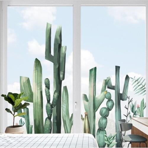Green Cactus Wall Stickers Room Decor Aesthetic Nordic Style Tropical Plants Window Stickers Living Room Bathroom Wallstickers