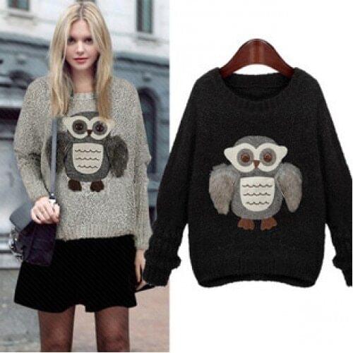 Obrix Light Female Sweet Sweater O-Neck Batwing Sleeve Owl Appliques Knitted Loose Pullover For Women