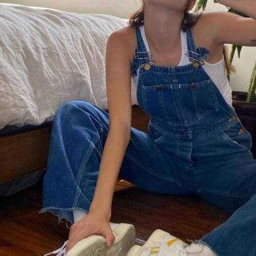 B-TOTO American Retro Blue Loose Overalls Womens Trendy Ins Spring And Summer Raw Edge Denim Trousers 2021 New Fashion