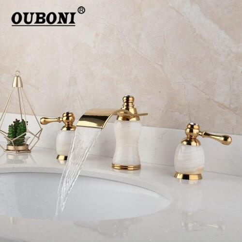 OUBONI Golden Plated Bathtub Faucet 3 Pcs 2 Lever Jade Stone Handles Solid Brass Deck Monut Bathroom Basin Sink Tap Mixer Faucet