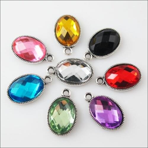 24Pcs Mixed Tibetan Silver Acrylic Plastic Oval Charms Pendants 11.5x19mm