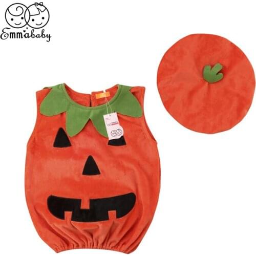 Halloween Newborn Baby Girl Boy Top 0-3T Infant Toddler Kid Pumpkin Sleeveless Hat 2Pcs T-Shirt Fall Clothes Dress Outfit