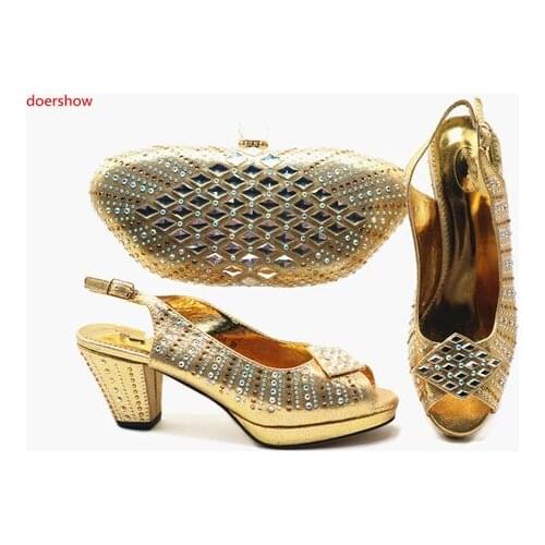 Doershow Shoe and Bag Set New 2019 hot sale Shoes and Bag Set In Italy gold Color Italian Shoes with Matching Bags Set!STB1-10
