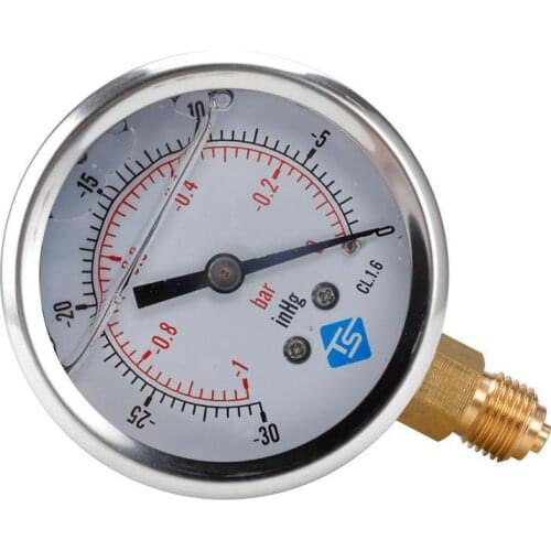 Vacuum Gauge S/Steel Case Glycerine Filled 68mm -1-0bar-30-0inhg 1/4 BSP Bottom