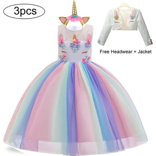 New Unicorn Rainbow Dress Baby Girls Princess Party Birthday Evening Dresses Teenager Flower Girls Wedding Dresses 2 to 10 Years