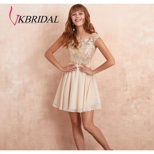 VKBRIDAL Champagne Homecoming Dresses 2019 New Chiffon Lace Beaded V Back Short Prom Dress