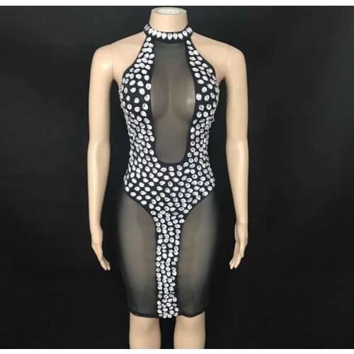 Women Sexy Silver Stones Black Transparent Sleeveless Dress Nightclub Evening Party Stage Dance Costume Rhinestones Dress