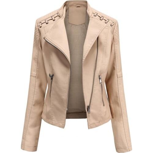 Women Autumn Winter Faux Leather Jacket Zipper Stand Collar Motorcycle Slim Coat