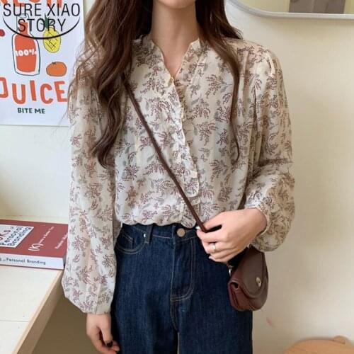 Sping and Autumn Long Sleeve Chiffon Print Shirts Women Casual Puff Sleeve Tops Loose Short Length Cardigan Clothes Blusas 10314