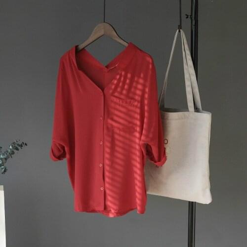 Female Thin Hot Sale Tops Girls Summer V-neck Long Sleeve Loose Basic Chiffon Social Formal Red Shirt Women Casual Ladies Blouse