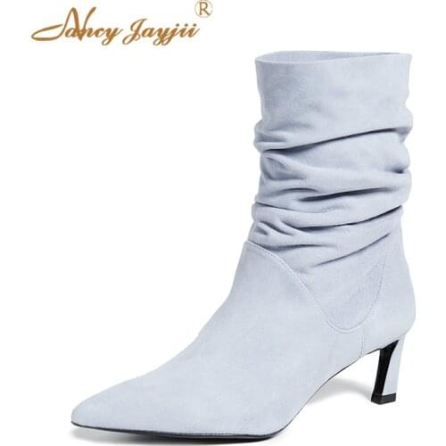 Light Blue Red Flock Ankle Woman Boots Shoes Hoof Thin Heel 6cm Dress Autumn 2021 Female Brand Casual Soft Large Size 38 39
