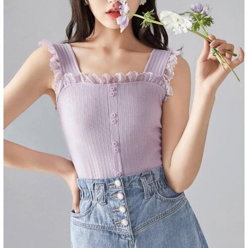 Womens Camis Tops 2021 Summer Sexy Elastic Cotton Sleeveless Lace Short Tank