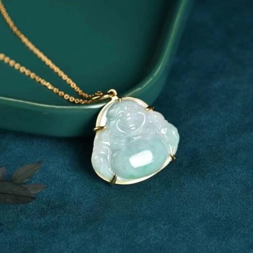 Natural Jadeite Maitreya Buddha Pendant Necklace for Women Girls Short Sterling Silver Plated 18K Gold Adjustable Hypoallergenic