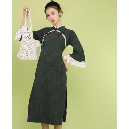 Real Size Cheongsam Womens Long Sleeve Modified Dress Young Girl Retro Chinese Style Slim Dress