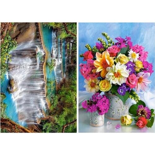 2 Set Full 5D Diy Diamond Painting Cross Stitch 3D Diamond Embroidery Rhinestone Decor Paintings, Waterfall & Flower