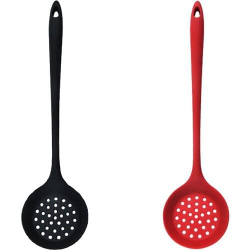 2 Pack Silicone Skimmer Spoon, Non-Stick Colander Spoon Strainer,Kitchen Ladle Filter Spoon with Long Handle,Red&Black