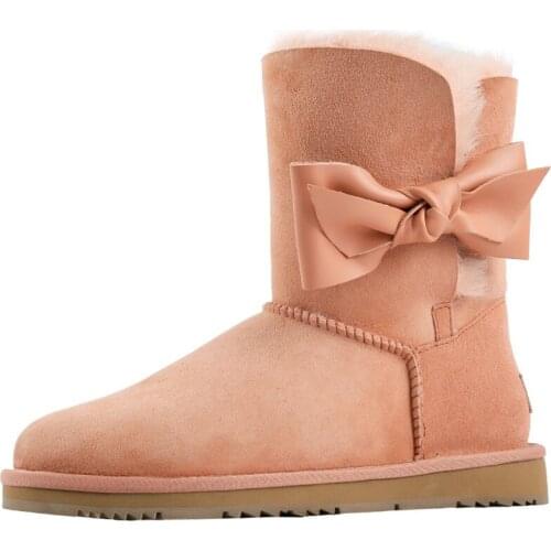 2019 Fashion Woman Snow Boots Ladies Winter Boots Genuine Cowhide Leather Mid-calf Warm Boots with Bowtie Women Botas Shoes