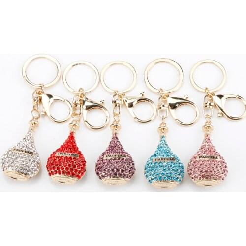 5 Colors Rhinestone Crystal Perfume Bottle Jewelry Waterdrop Shape Pendant Keychain Gifts Car Handbag Key Holder Party Gifts