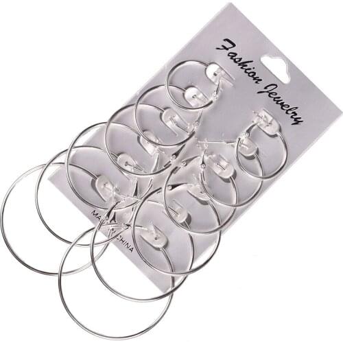 6Pairs/set Vintage Silver Gold Big Circle Hoop Earrings Women Steampunk Ear Clip10.3