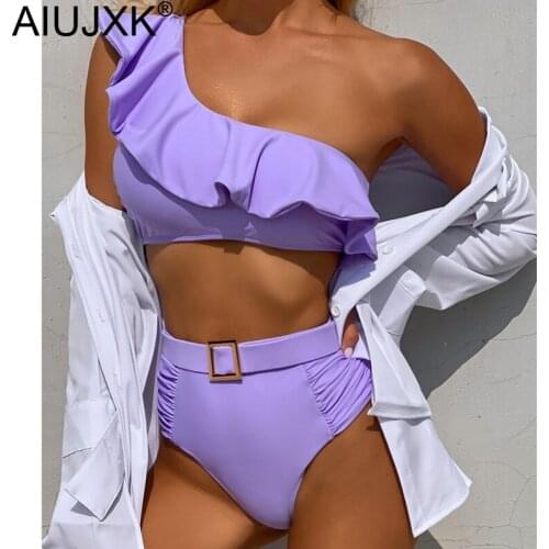 AIUJXK Womens Bikini Set Women One Shoulder Ruffles High Waist Swimsuit Summer 2 Pieces Swimwear Beach Wear Bathing Suit
