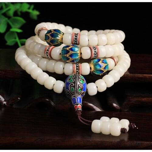 THREE COBBLER White Bodhi Beads 108 Rosary Ethnic Style Blue Guru beads Bracelets Buddha Prayer Japa Mala Jewelry