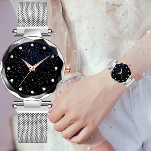 Dropshipping Ladies Watch Casual Quartz Wrist Watches Women Watch Steel Mesh Starry Sky Wristwatch Luxury Clock Kol Saati #L