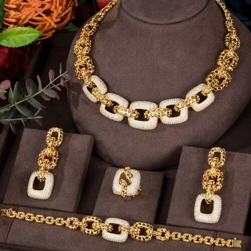 Soramoore Luxury 4PCS Gold Chain Necklace Bracelet Earrings Ring Jewelry For Women Wedding African Nigerian Party Jewelry Set