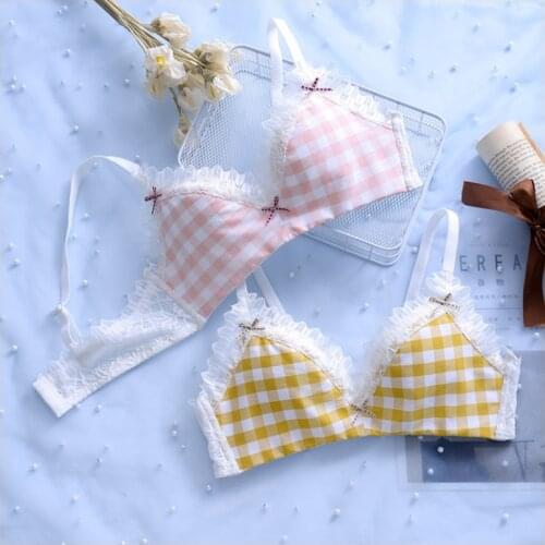 Lace Lingerie For Women Plaid Chiffon Cute Bra Panties Set Wire Free Soft Intimates Lovely Lolita Women Underwear Briefs Set