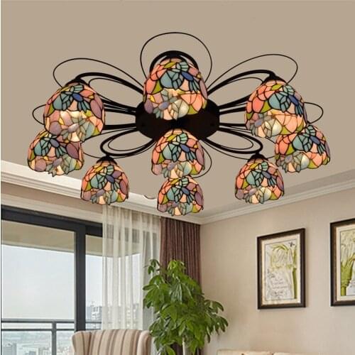 European-Style Creative Tiffany Colored Glass Living Room Dining Room Bedroom Multi-Head Ceiling Lamp Pastoral Bird