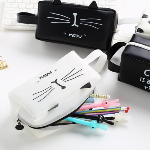 Cute Kawaii Large Capacity Pencil Case Lovely Cartoon Cat School Student Pen Cases Silicon Gel Animal Kids Stationery Box Bags