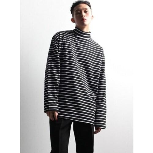 High street super fire yuan Sufeng high collar black and white stripe long sleeve T-shirt for men
