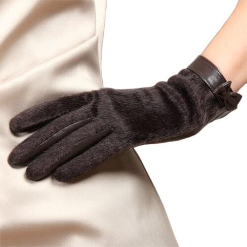 2020 New Genuine Leather Gloves Female Winter Warm Plush Lined Fashion Fur Bowknot Women Lambskin Leather Gloves L152NC-1